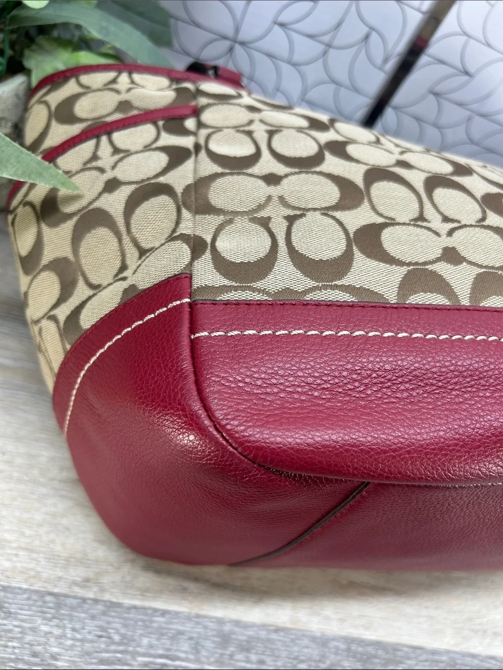 Coach Signature Canvas Tote with Red Leather Trim